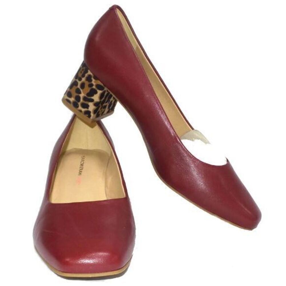 Isaac Mizrahi Leather Pump with Leopard Block Heel Mahogany - Medium - Picture 5 of 7